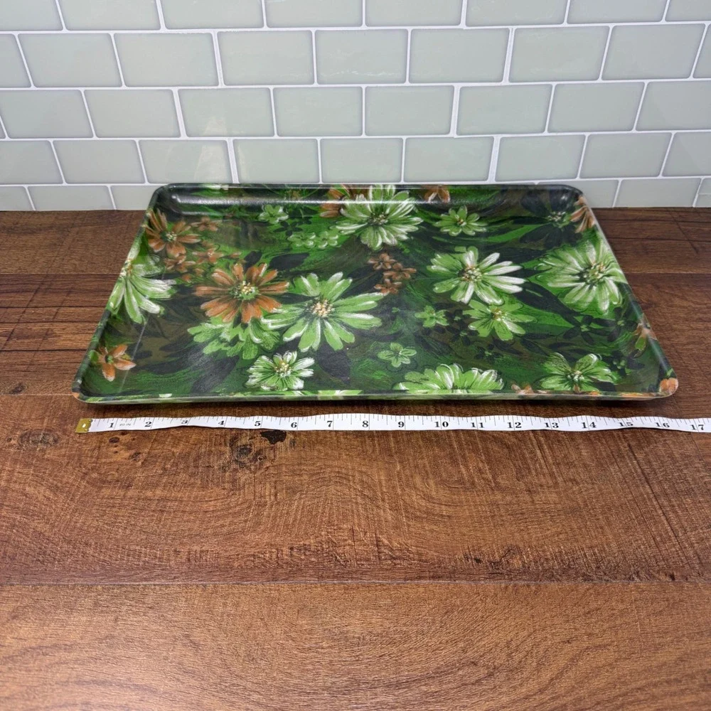 VTG 1960s MCM Fiberglass Floral Serving Tray 16x12 Green‎ Daisy Retro